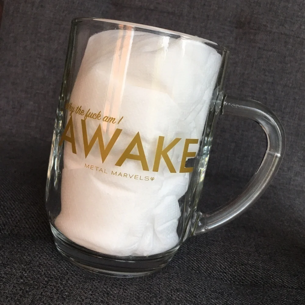 Why the **** am I AWAKE” Mug, Glass, Gold, 18 oz